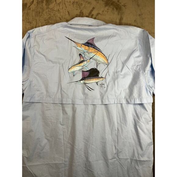Guy Harvey Shirt XL Light Blue Fish Nylon‎ Button Up Short Sleeve Swordfish Logo - Picture 5 of 6